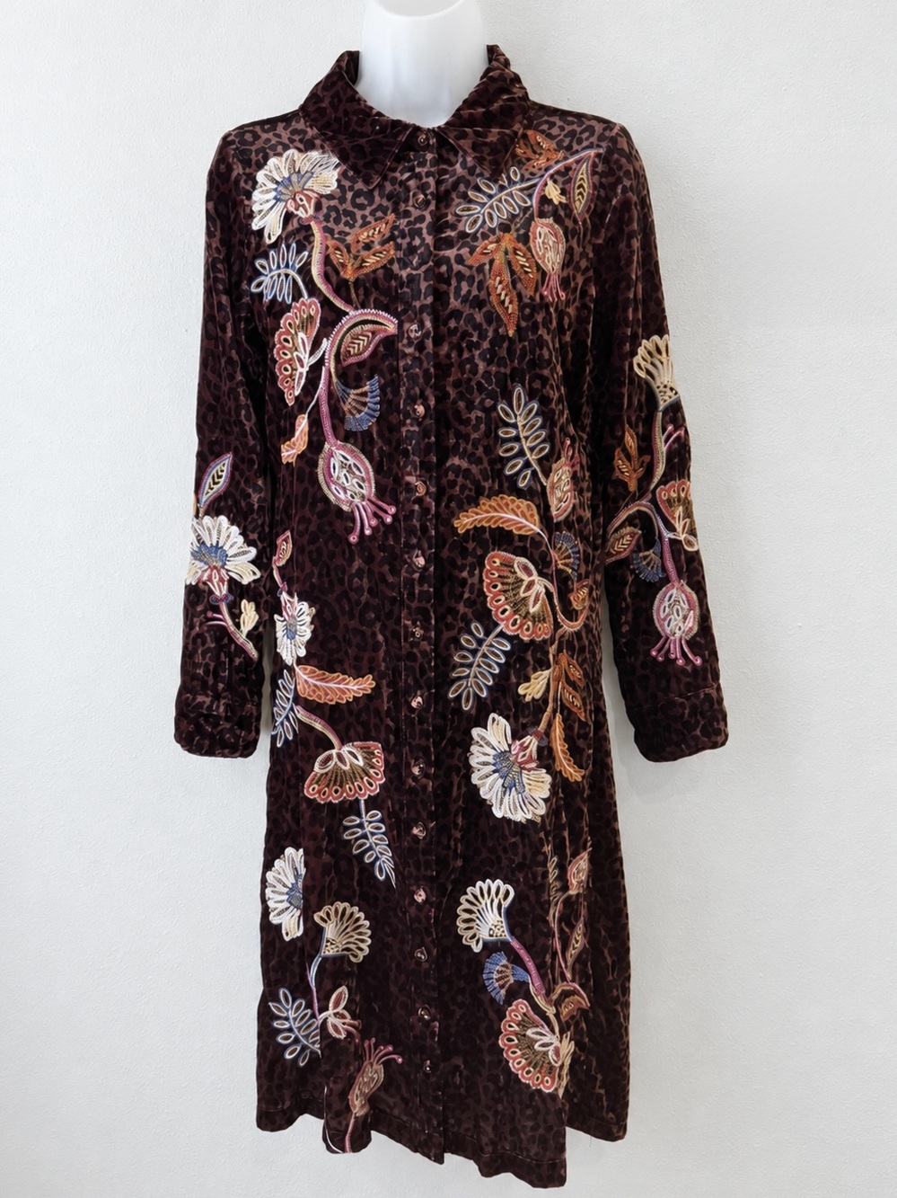Johnny Was Gineva Velvet Shirt Dress XS Embroidered Leopard NWT